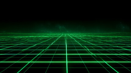 Abstract green grid lines create a futuristic landscape in a dark environment