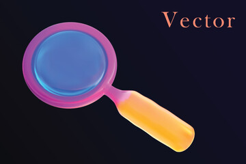 3D Magnifying glass on the dark background. Colorful magnifying glassvibrant with hues of pink, blue, and yellow  Vector Illustration