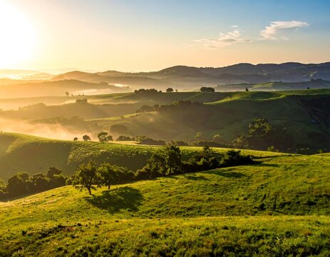 Lush rolling hills at sunrise - Powered by Adobe