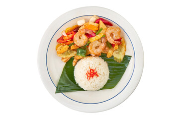 Sweet and Sour Shrimp with Rice – Thai Stir-Fried Prawn with Vegetables Isolated on White with Clipping Path