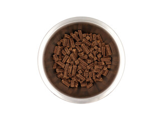 Dog food in a stainless steel bowl, viewed from above, isolated on a white background. Natural, cold-pressed dog food.
