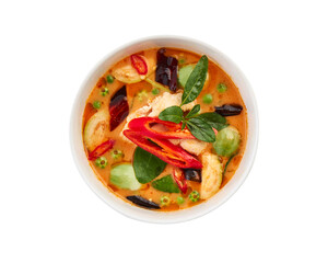 Thai Red Curry with Chicken and Eggplant – Spicy Traditional Thai Food Isolated on White with Clipping Path