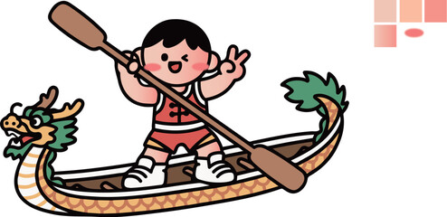 The boy rowing a dragon boat in Cartoon China