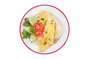 Thai Omelette with Shrimp and Rice – Traditional Homemade Meal Isolated on White with Clipping Path