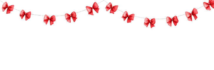 Watercolor garland with red bows. Vintage garland of coquettes with red bows. Borders of coquettes, Christmas and romantic designs. red frame with bows.