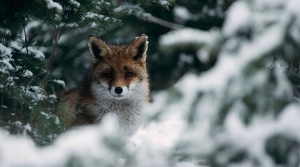 Fototapeta premium A red fox emerges from a snow covered winter forest gazing intently amidst pine branches