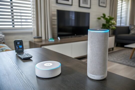 White smart speaker sits on a table next to a white smart speaker