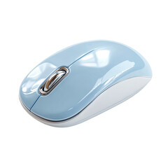 Pale blue and white wireless computer mouse, sleek design, curved shape, single button, reflective surface