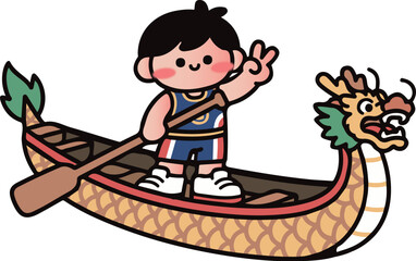 The boy rowing a dragon boat in Cartoon China