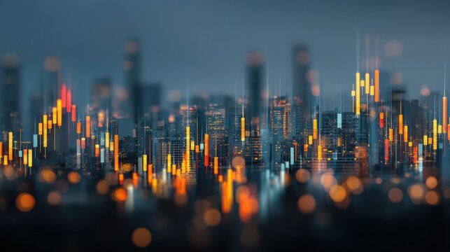 abstract glowing big data forex candlestick chart on blurry city backdrop trade technology investment and analysis concept double exposure no logos no brands ar 169