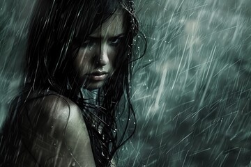 Fototapeta premium Portrait of a mysterious woman with wet long dark hair standing in the heavy rain