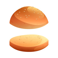 Delicious golden brown sesame seed hamburger bun, perfectly split and ready for your favorite burger, isolated on a clean white background