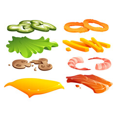 Food Ingredients Assortment Cheese, Mushrooms, Lettuce, Shrimp, Jalapenos, Fries, Salmon