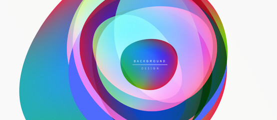 Abstract colorful layers create dynamic circular design. Vibrant hues blend, forming modern background element. Smooth gradients offer visual interest.