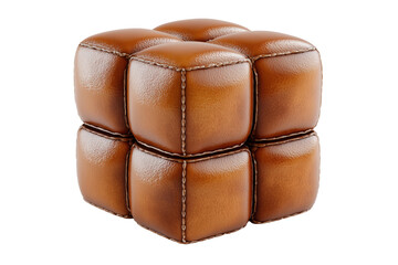 Obraz premium Brown leather cube pillow with stitched seams isolated on transparent background