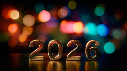 Happy new Year: 2026 written on a dark background with a multi-colored bokeh effect, a minimalistic clean background