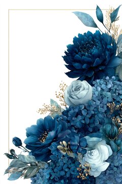 Blue watercolor floral bouquet border with gold frame