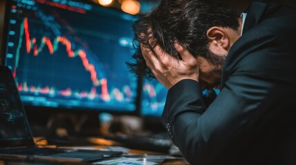 stressed business man crypto trader broker investor analyzing stock exchange market crypto trading decreasing chart data fall down loss desperate about losing money of crisis recession inflation no l