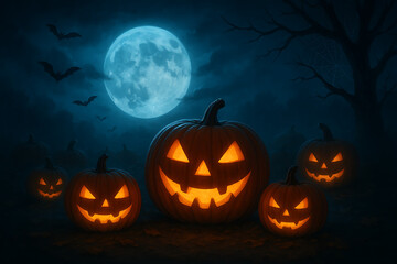Fototapeta premium Dramatic halloween night scene with a giant glowing jack-o'-lantern pumpkin and smaller ones under a huge blue full moon with bats and spooky trees