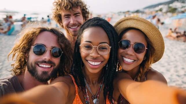 group of multiracial happy friends taking selfie and having fun on a beach no logos no brands ar 169 - Powered by Adobe