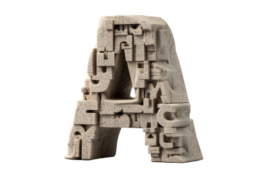 Unique sculpted letter A with intricate design cut out on transparent background