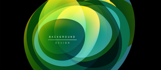 Abstract layered shapes create vibrant green, yellow design. Overlapping circles suggest depth, modern aesthetic. Background text present.