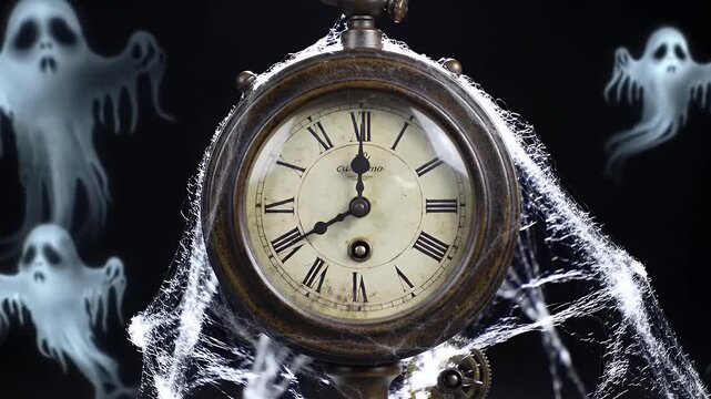 Antique Ornate Clock Face with Roman Numerals and Ghost Figures in Black Background Decorated with Cobwebs