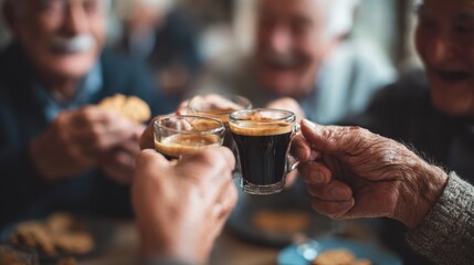 group of senior people toasting italian style moka coffee after lunch  mature happy friends eating biscuits and laughing together  focus on men bottom hands  warm contrast cine filter no logos no bra