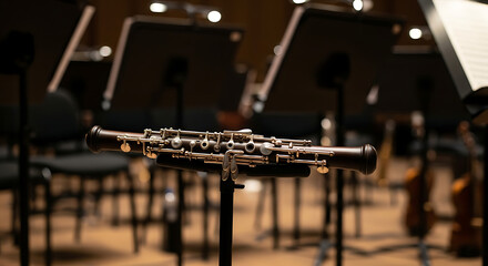 A close up of an oboe on a stand in an orchestra with music stands and chairs in the background