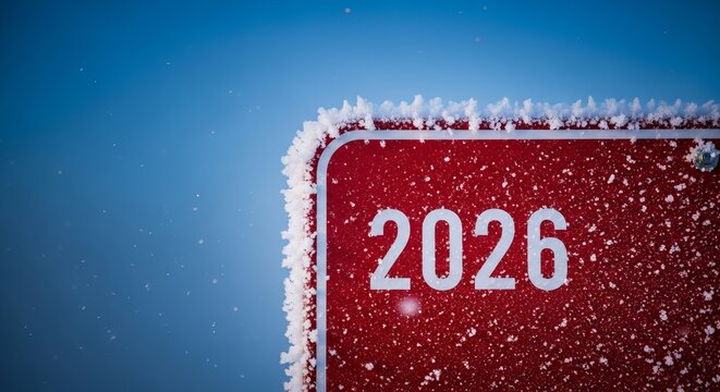 Closeup of a red sign with the year 2026 covered in frost against a blue sky background in winter