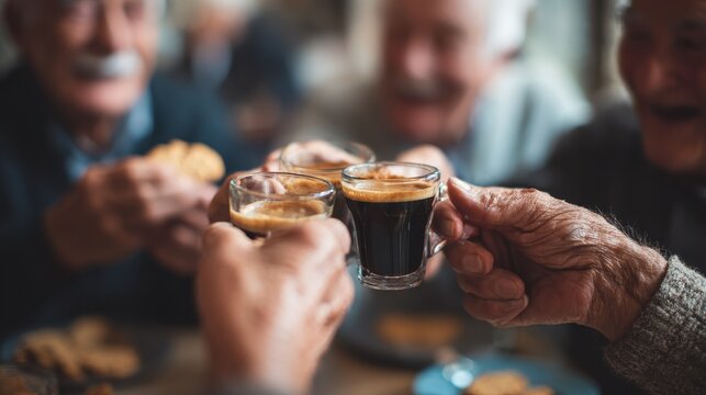 group of senior people toasting italian style moka coffee after lunch  mature happy friends eating biscuits and laughing together  focus on men bottom hands  warm contrast cine filter no logos no bra - Powered by Adobe