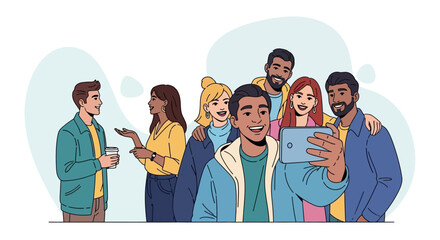 A cheerful group of diverse young friends smiling and having fun while taking a selfie together with a smartphone