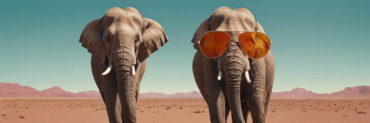 A large elephant confidently walks through a dry savanna, wearing stylish sunglasses, creating a humorous and unexpected scene under a clear sky.