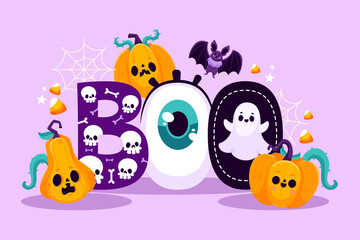 BOO Halloween illustration with pumpkins ghosts and bats in cartoon style