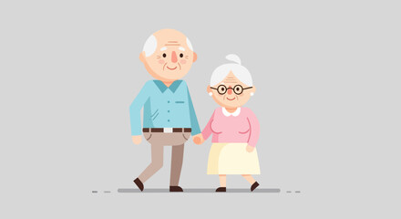 Charming illustration of a happy senior couple holding hands and walking together, embodying companionship and enduring love in their golden years