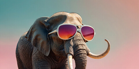 A large elephant confidently walks through a dry savanna, wearing stylish sunglasses, creating a humorous and unexpected scene under a clear sky.