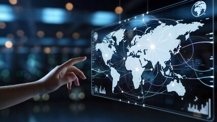 Global network connection visualized on futuristic touch screen hand interacting with digital world map data