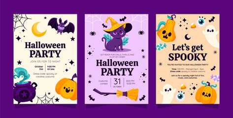 Cute Halloween cards with pumpkins ghosts and cats in cartoon style