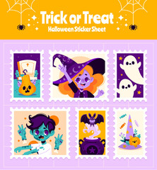 Fototapeta premium Halloween sticker sheet with ghosts witches and pumpkins in cartoon style
