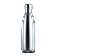 Metal water bottle with sleek design isolated on transparent background