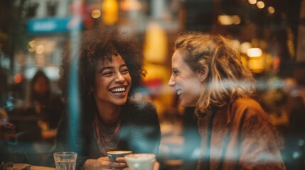 two multi ethnic friends enjoying coffee together in a coffee shop viewed through glass with reflections as they sit at a table chatting and laughing no logos no brands ar 169