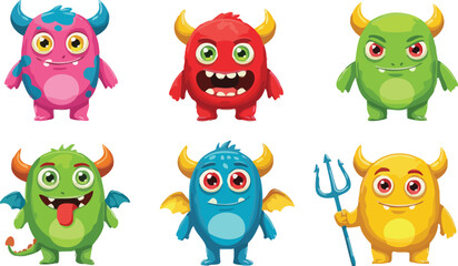 monster, cartoon, character, creature, cute, funny, pink, red, green, blue, yellow, horns, eyes, teeth, happy, smiling, playful, whimsical, illustration, graphic, design, isolated, white background, f