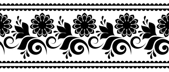 Black and white seamless border with flowers, swirls, and leaves, floral design element. © Lukeriya