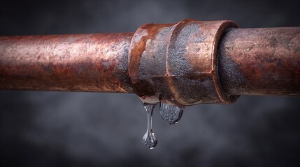Leaky pipe joint with water droplets, indicating plumbing issues and potential damage from water. Urgent repair may be needed to stop the leak.