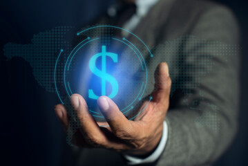 Businessman Holding Financial Analysis on Global. Market Analysis, Financial Planning, Risk Management, Businessman holds Financial Icon on global structure network and Technological interface.