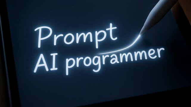 Prompt ai programmer crafting creative digital handwriting tablet with stylus glowing stylus creates creative coding concept and glowing handwriting