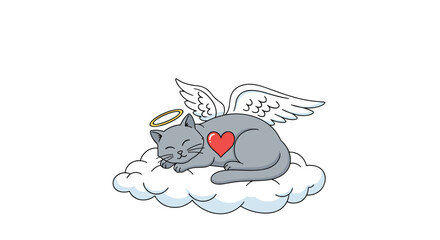 Fototapeta premium A gentle gray cat with wings and a halo rests peacefully on a cloud.
