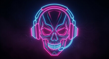 Neon skull gamer with headset vector illustration for gaming streamers and esports team logo design concept