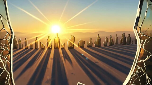 Sunrise over ancient circle made from bottles with shadows on desert landscape  symbolizing  abstaining from alcohol