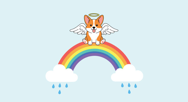 An adorable corgi with angel wings and a halo sits atop a vibrant rainbow with clouds and raindrops below.